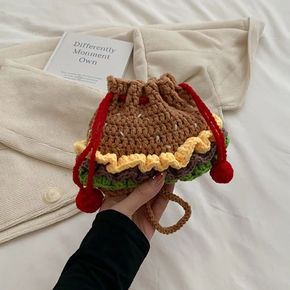 Bolso de hombro de hamburguesa tejido, producto terminado, bonito bolso cruzado de ganchillo, accesorios de estilo, bolsa de almacenamiento de auriculares de dibujos animados