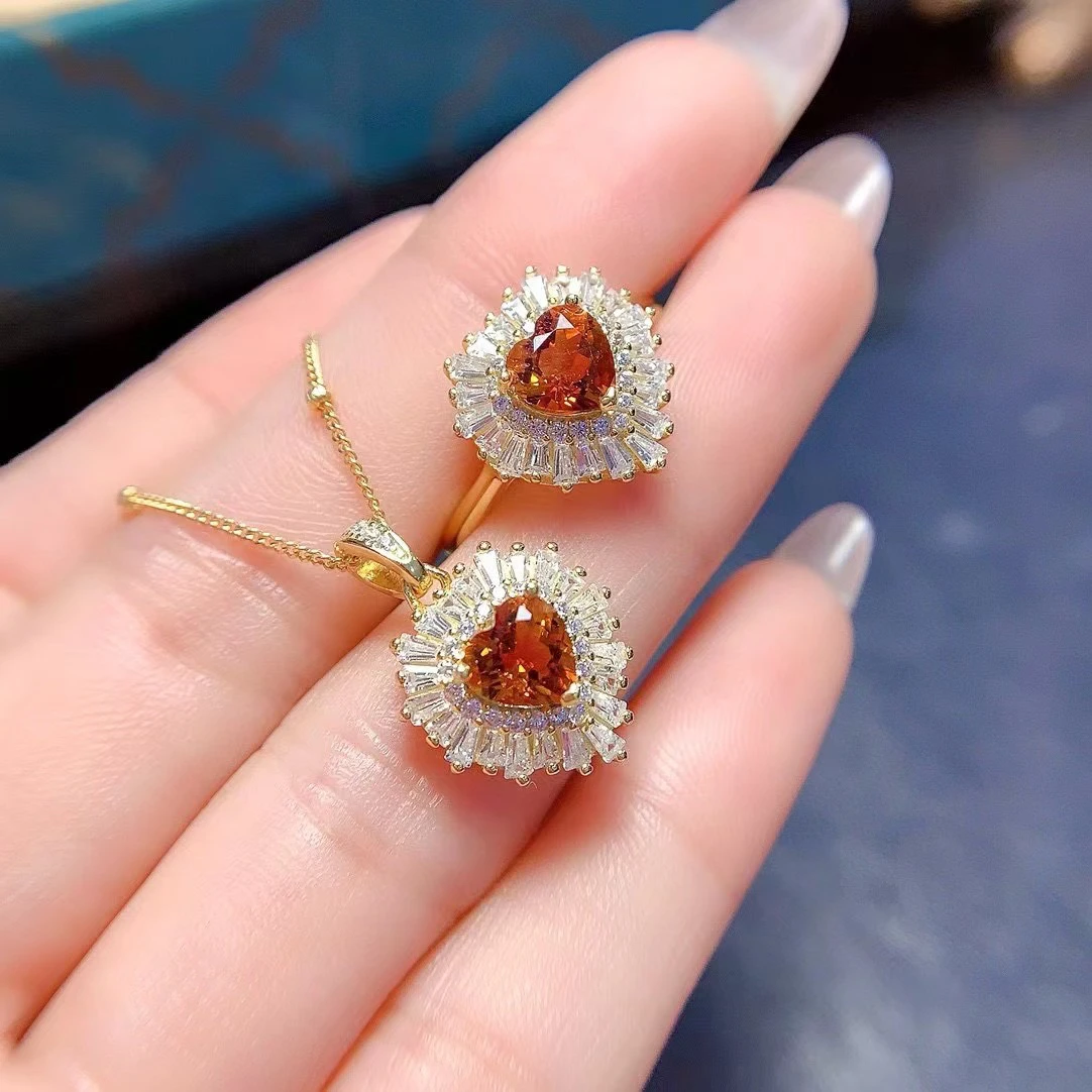 

Romantic 925 Silver Ring and Pendant 6mm 1.2ct Natural Citrine Jewelry Set for Party Keep Shining Gold Plated Crystal Jewelry