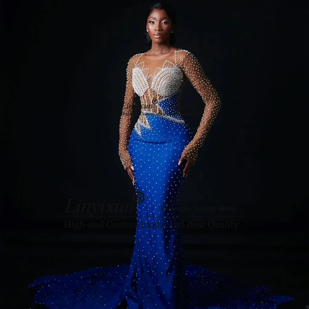 

Роскошные жемчужные платья для выпускного вечера для женщин, блестящие хрустальные платья русалки для свадебной вечеринки, индивидуальное платье с длинными рукавами, robe de soiree dubaï