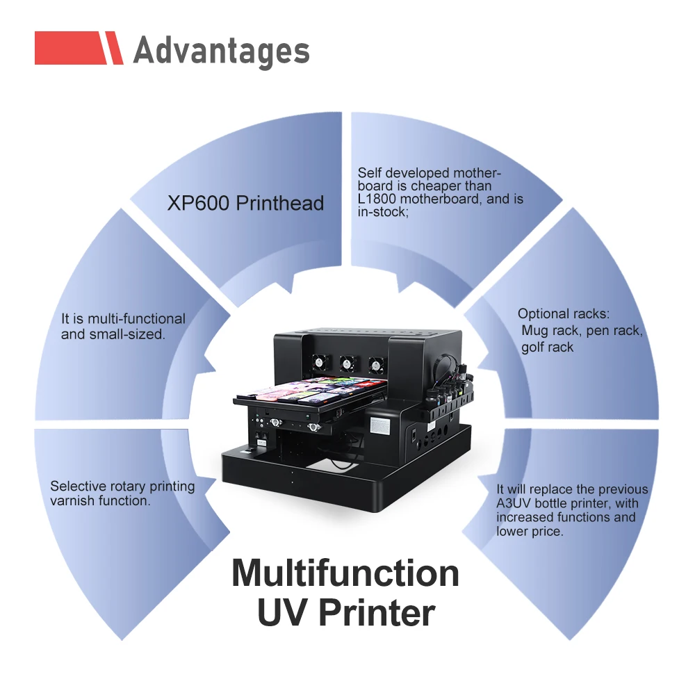 A3 Uv Printer Xp600 Printkop Flatbed Uv Printer Met Vernis Uv Dtf Overdracht Sticker Printer Voor Telefoon Hoesje Fles Acryl Pennen