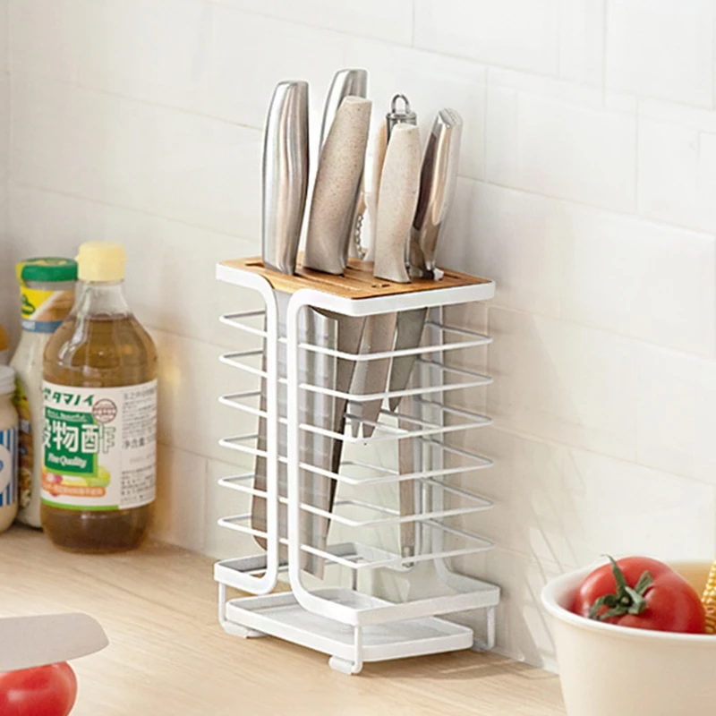 

Household Knife Holder with Drain Tray Professional Wrought Iron Countertop Hollow Storage Rack Kitchen Dropshipping