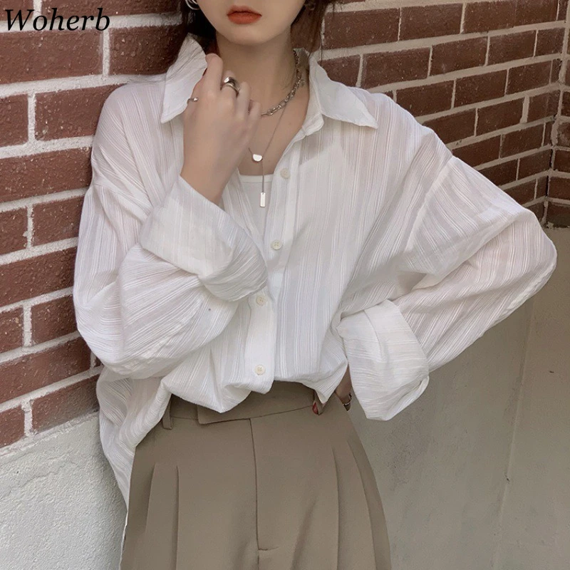 

New Fashion Woman Blouses Korean Vintage Single Breasted See Through Blusas Elegant White Shirts Long Sleeve Oversized ​Clothing