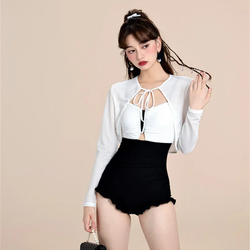 

One-piece Swimsuit Women with Cover Up 2 Pieces Patchwork Cover Belly Sexy Gathering Flat Angle 2024 Hot Spring Swimsuit