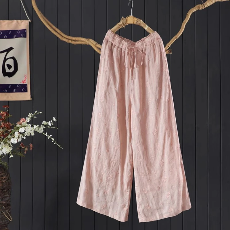 

100% Ramie Floral Embroidery Casual Pants Women New 2025 Summer Simple Style Loose Comfortable Female Wide Leg Pants M1753