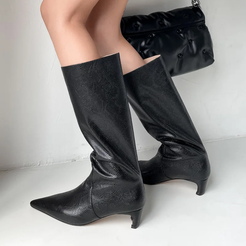 Damskie buty do uda Autumn New Square Toe Botas Femininas Tendencia 2024 duży obwód skóry węża obcasy typu Kitten Zapatos Mujer