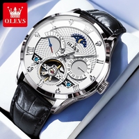 OLEVS 6652 Flywheel Skeleton Automatic Watch for Men Fashion Leather Strap Elite Style Waterproof Luminous Moon Phase Mens Watch