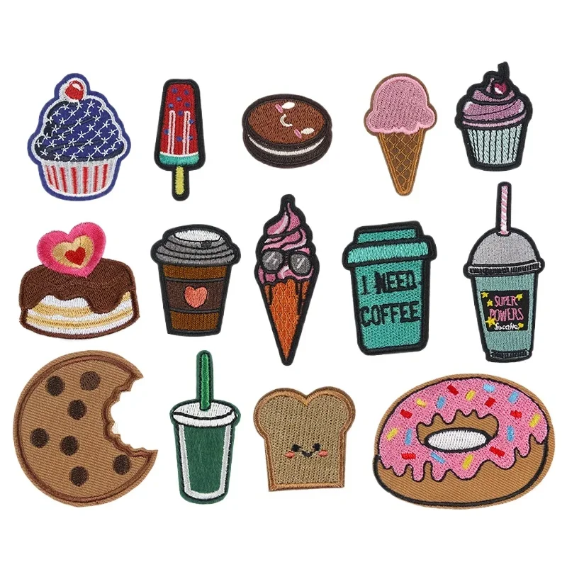 50pcs/Lot Food Embroidery Patch Ice Cream Biscuit Milk Tea Cake Sandwich Doughnut Clothing Decoration Accessory Craft Applique