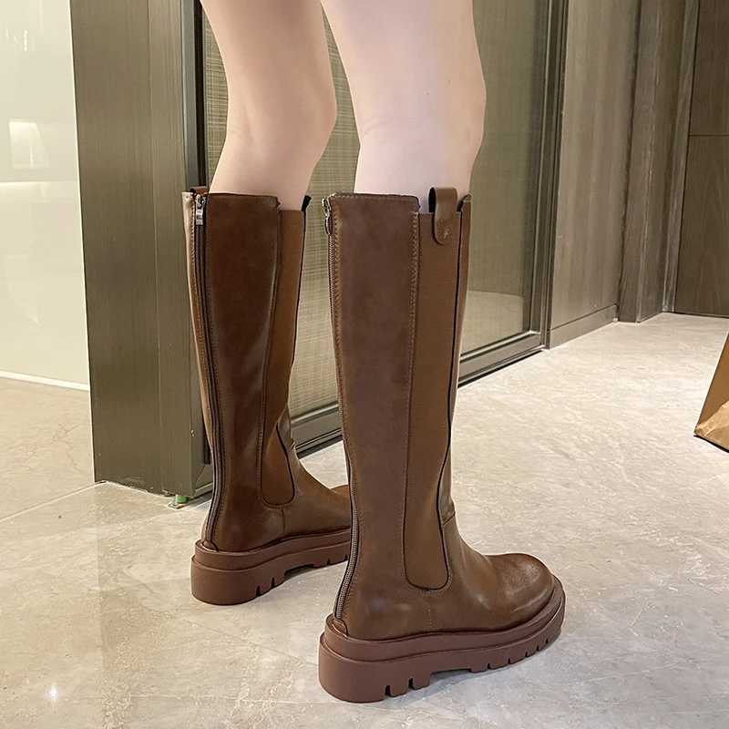 Women Knee High Boots Soft Leather Platform Winter Motorcycle Shoes Woman High Heels Zipper Long Boots Ins Hot Chunky Shoes