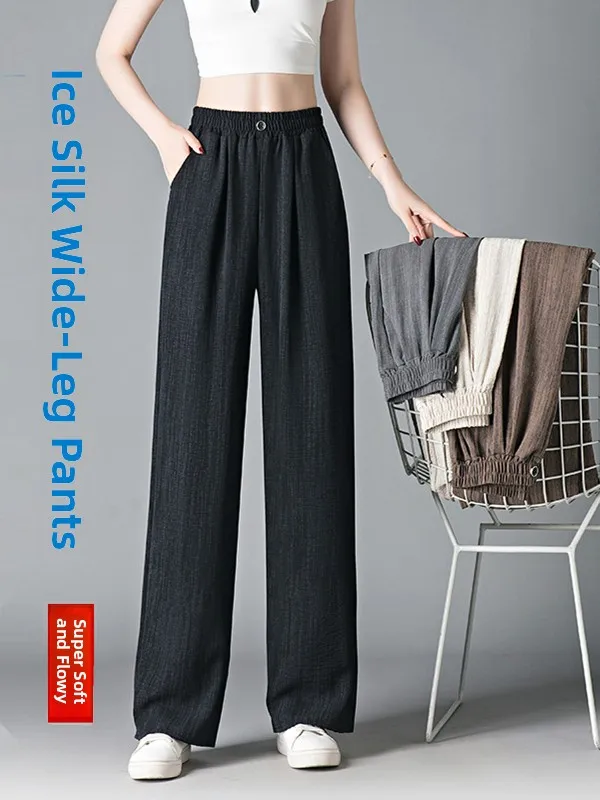 الحرير الجليد بنطال ذو قصة أرجل واسعة مصبوغ فضفاض المرأة عادية عالية الخصر مستقيم قطع تسع نقاط ثنى فضفاضة تناسب بنطلون الصيف Faion #2