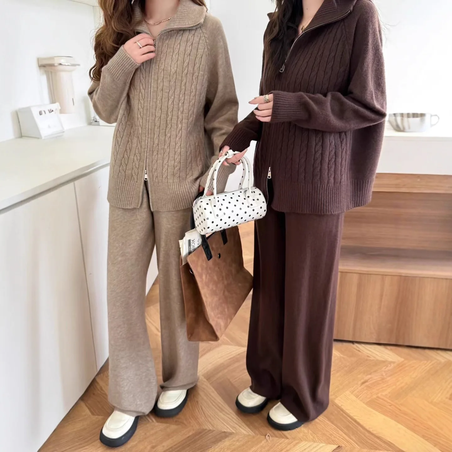 투피스 여성 니트 팬츠 세트 매칭 세트 캐주얼 지퍼 턴다운 칼라 스웨터 Y2K 와이드 레그 팬츠 루즈핏 2025 가을