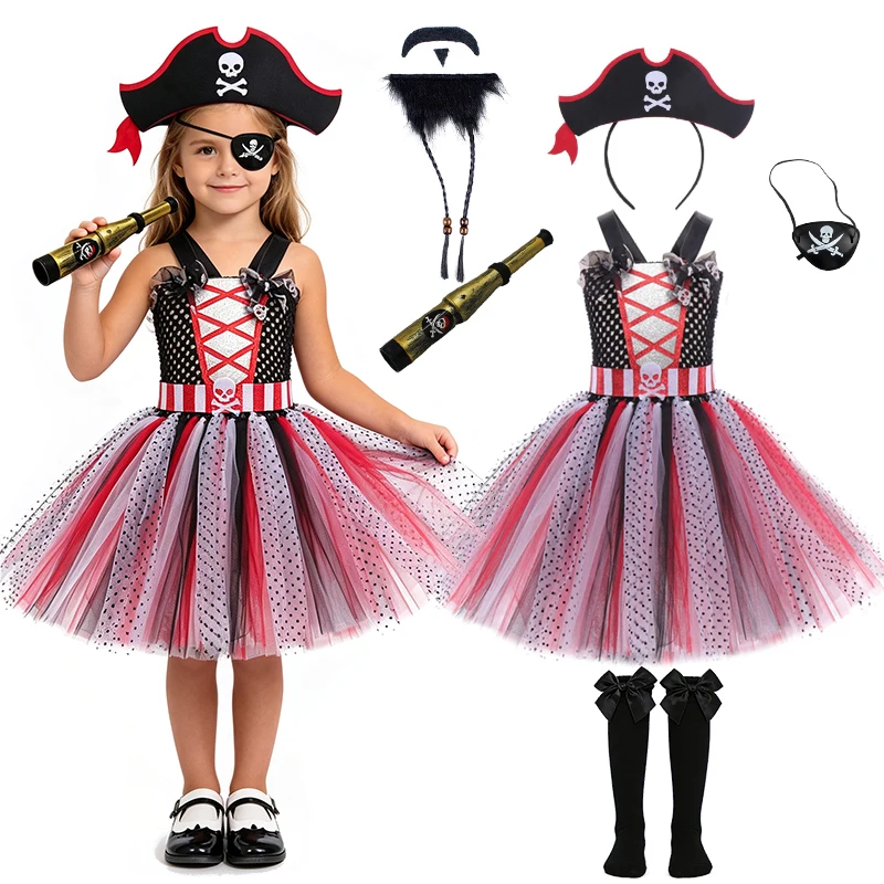 Disguised Child Pirate Captain Princess Fluffy Mesh Tutu Dress Halloween Cosplay Masquerade Performance Carnival Girls Outfits