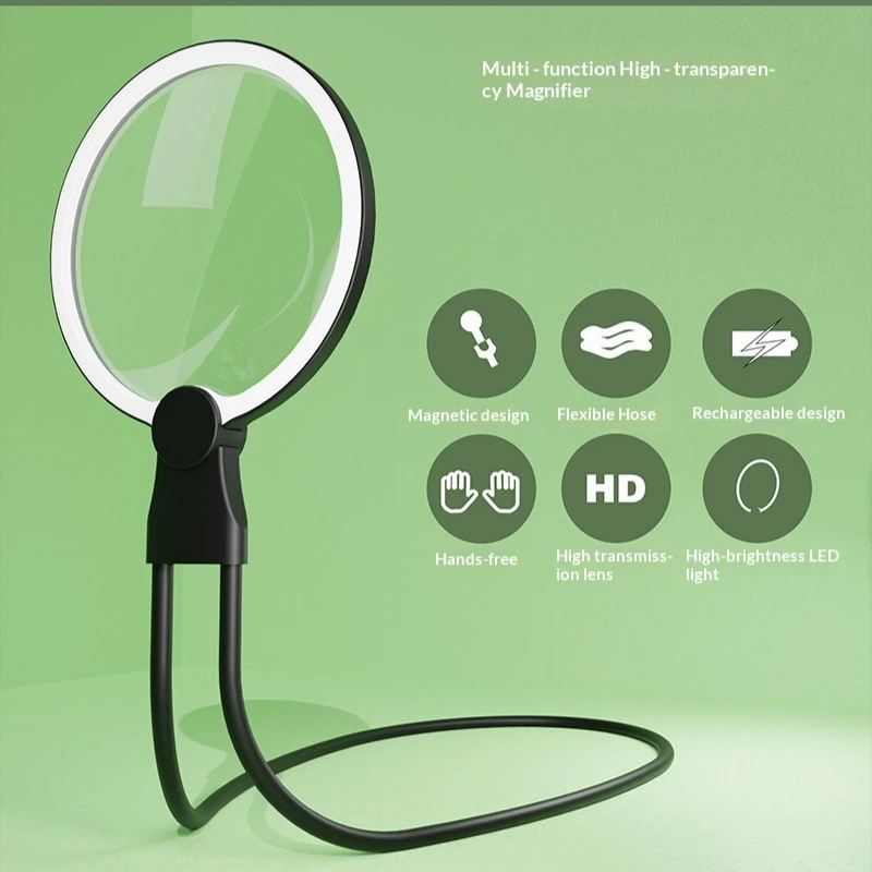 3X Rechargeable 24 LED Magnifying Glass, Neck Hanging & Handheld Desktop HD Round Magnifier for Reading Craft Repair