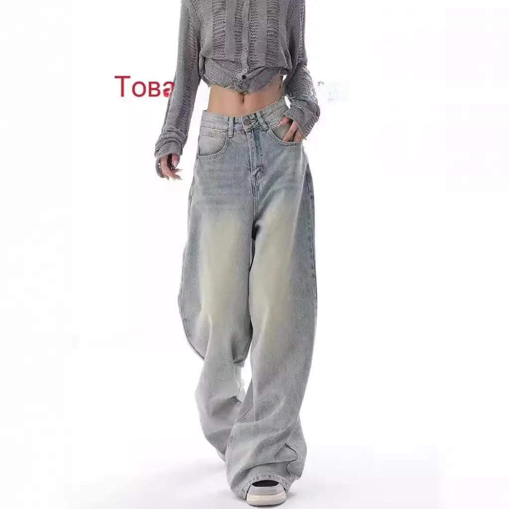 KEN STUDID Pantalon à jambes larges pour femme, jean coupe ample au design rétro américain pour début d'automne