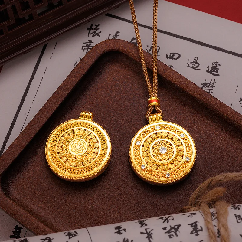 Fashion Women's 9999 24K Real Gold Dot Diamond Ancient Silk Floral Auspicious Clouds and Ruyi Compass Sweater Chain Pendant