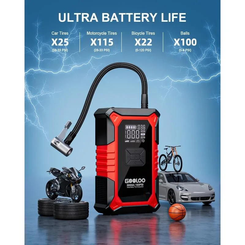 GOOLOO A3 Portable Car Jump Starter with Air Compressor, 3000A Car Battery Jump Starter (9.0 Gas/6.5L Diesel)