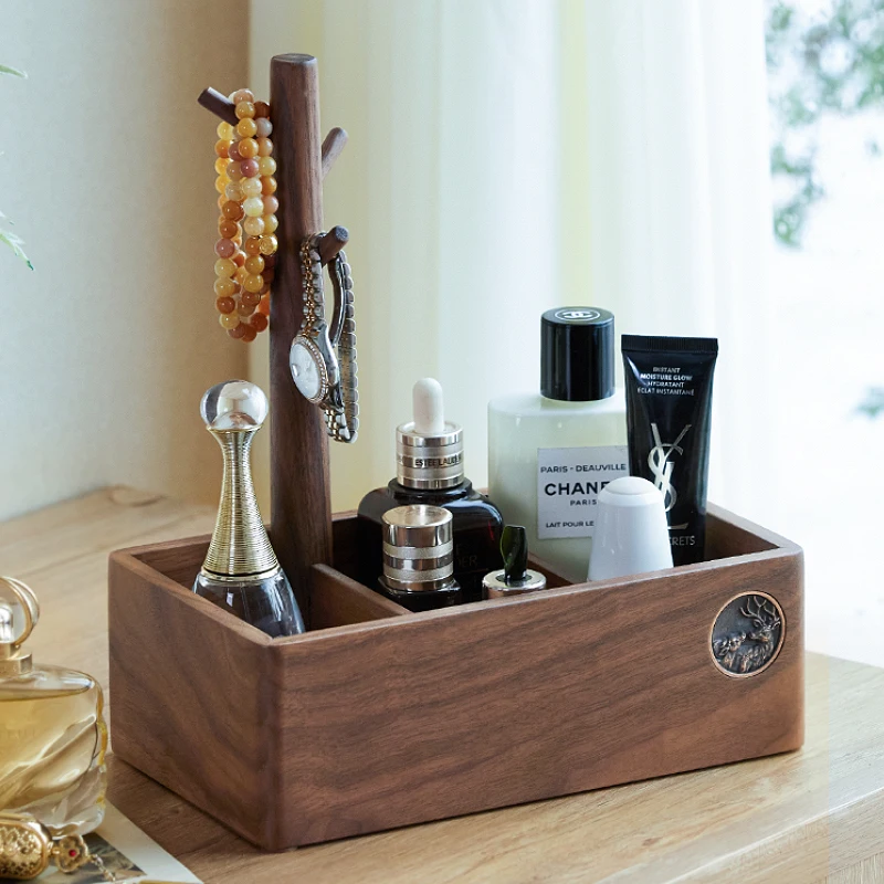 

Enter the entrance entrance, hang the key storage rack, black walnut tray, desktop shelf, jewelry, cosmetics storage box.