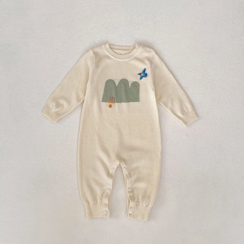 Autumn new 0-3 year old baby clothing for boys and girls, versatile knitted jacquard bird long crawling clothes