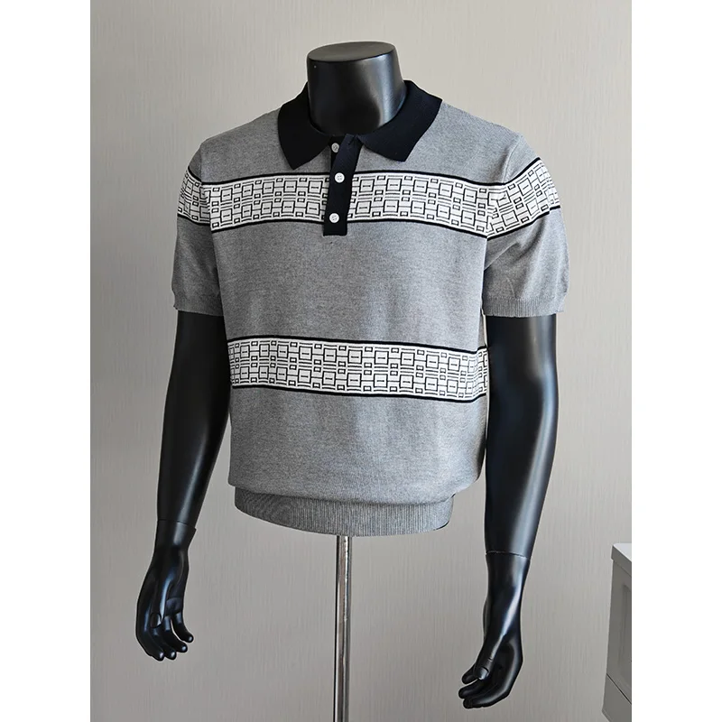 

Мужская футболка-поло с коротким рукавом из ледяного шелка в стиле ретро, весна-лето, в полоску, вязаная, повседневная, приталенная, для бизнеса и торжественных мероприятий