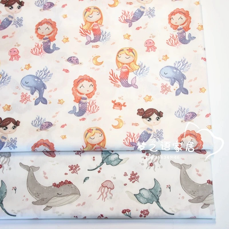 Tela de sarga de algodón puro de 160x50cm con estampado de ballena sirena de dibujos animados para ropa y ropa de cama hecha a mano, artesanía de tela de retales DIY