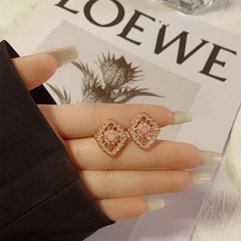 

Elegant retro court style earrings for women ring necklace wedding high-end inlay diamond rhombus pink enamel jewelry sets
