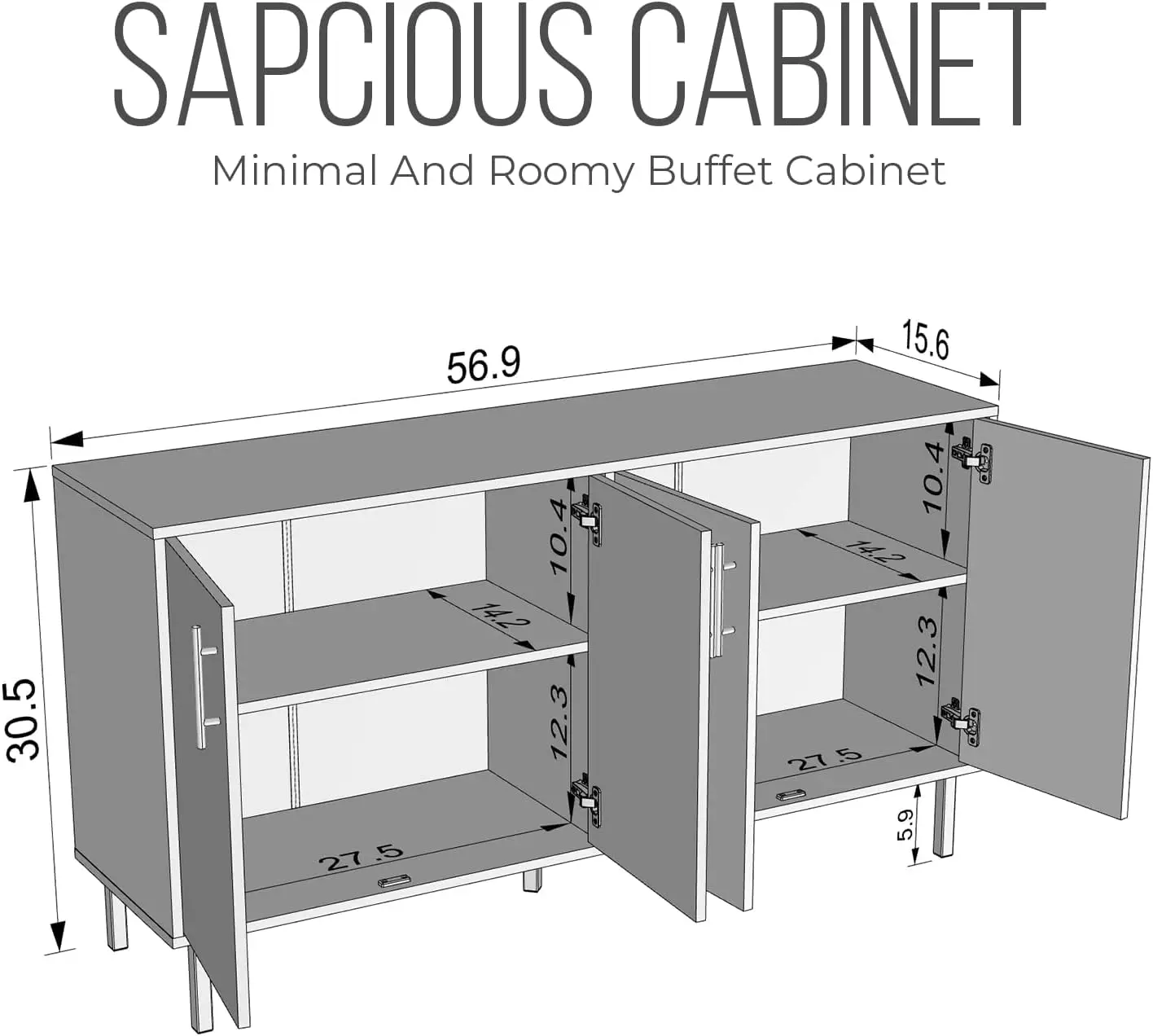 EconoHome 목재 뷔페 캐비닛, 보관함 포함, 4 도어 사이드 보드 캐비닛, 거실 Credenza, 사무실 사용 가능