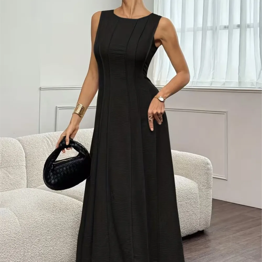 

New Fashion Dress Solid Color Loose Casual Elegant Daily Commuting Style Round Neck Sleeveless Folded Middle Waist Long Dress