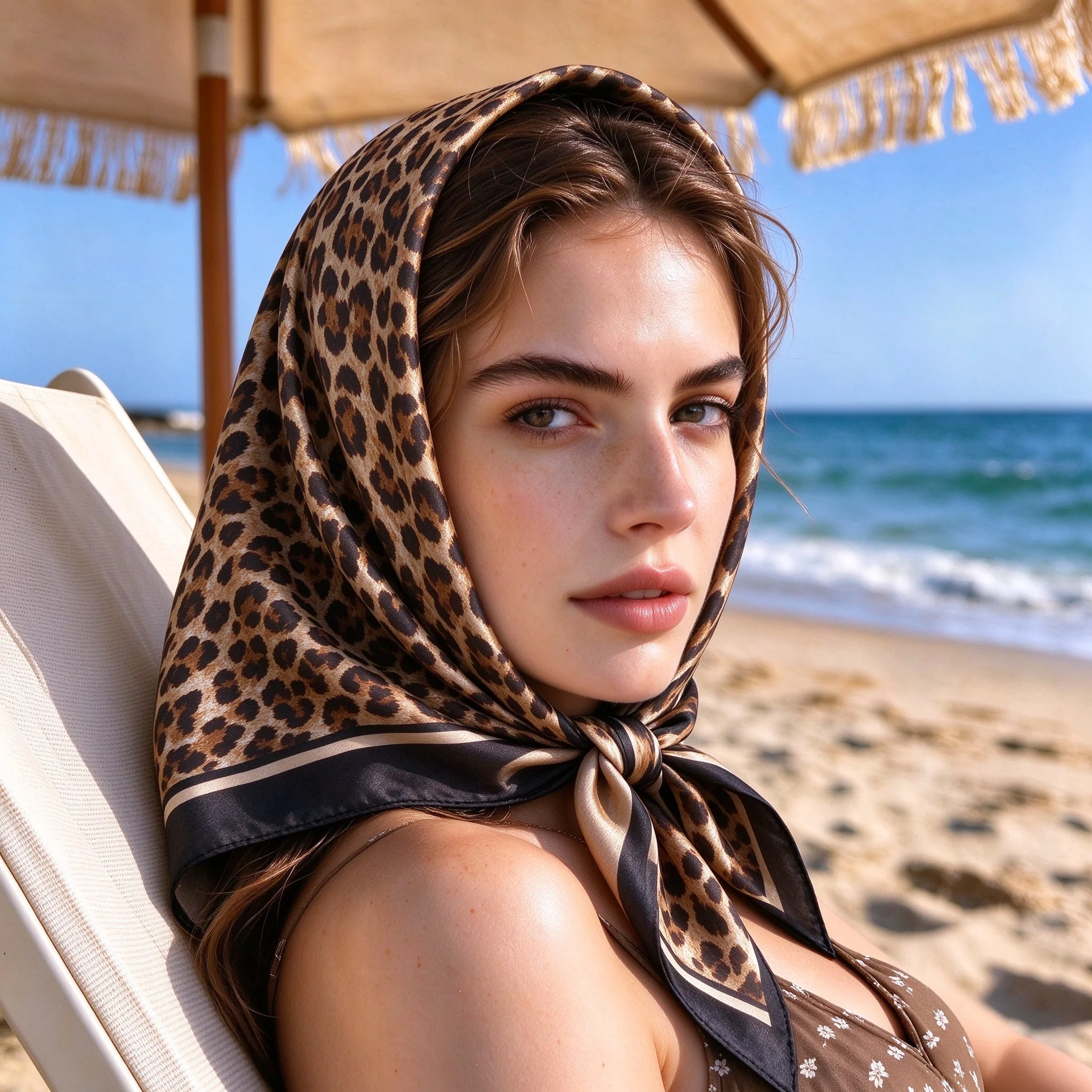 Luxury Leopard Print Silk Feel Square Scarf for Women Decorate Neck Ties Kerchief Lady Summer Beach Hijab Female Neckerchief