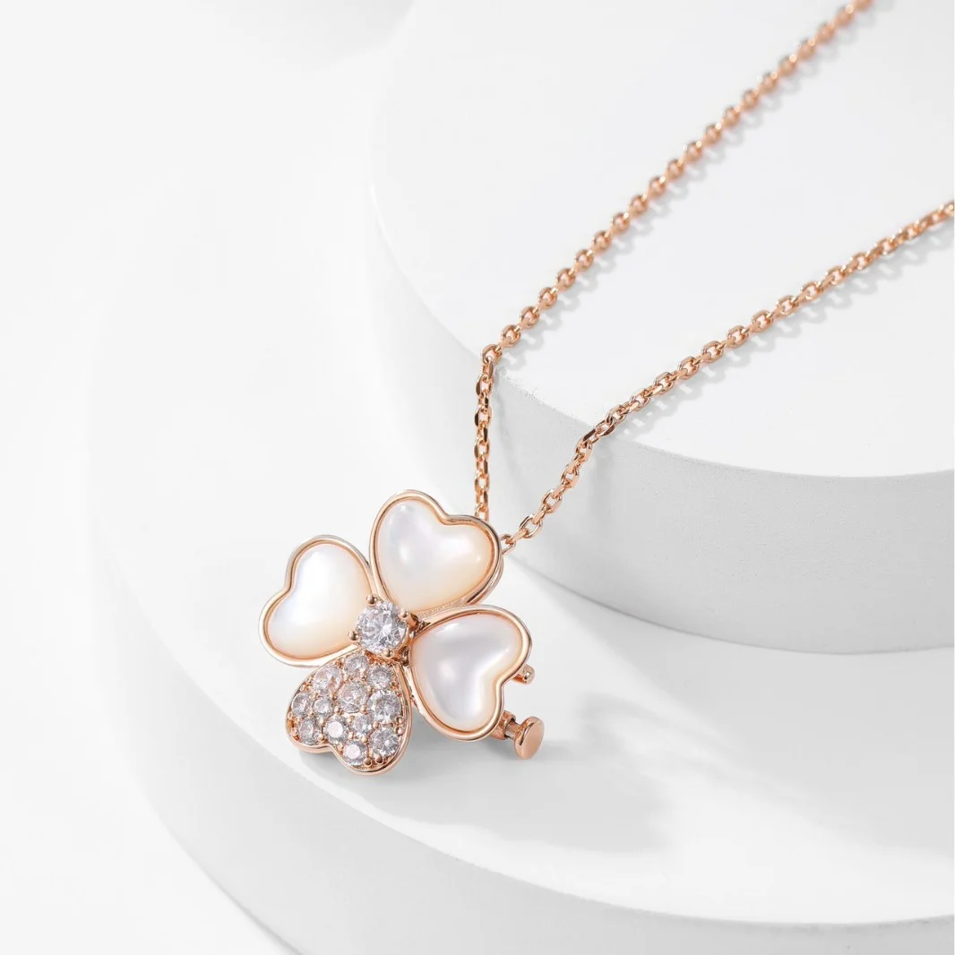 

Haute Couture Four-leaf White Fritillary Brooch Pendant Necklace Plated Natural Fritillary 18K Rose Gold