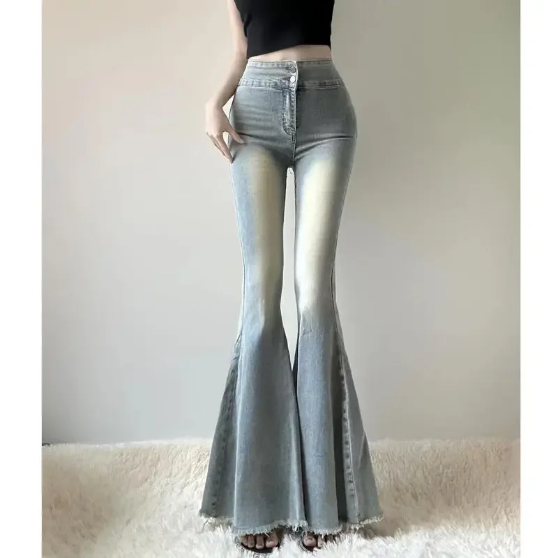 

Hot Girl High Waist Tassel Women Fishtail Floor Mopping Jeans Spring Summer Slimming Elasticity Fashion Casual Denim Flare Pants