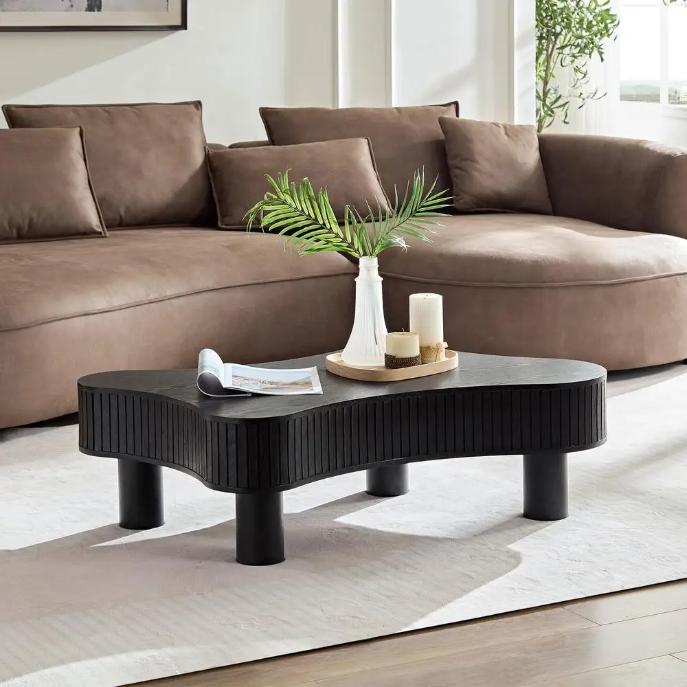 Modern Drum Coffee Table 42.52 Inch Irregular Walnut Ash Grain MDF Wood Pedestal Base Living Room