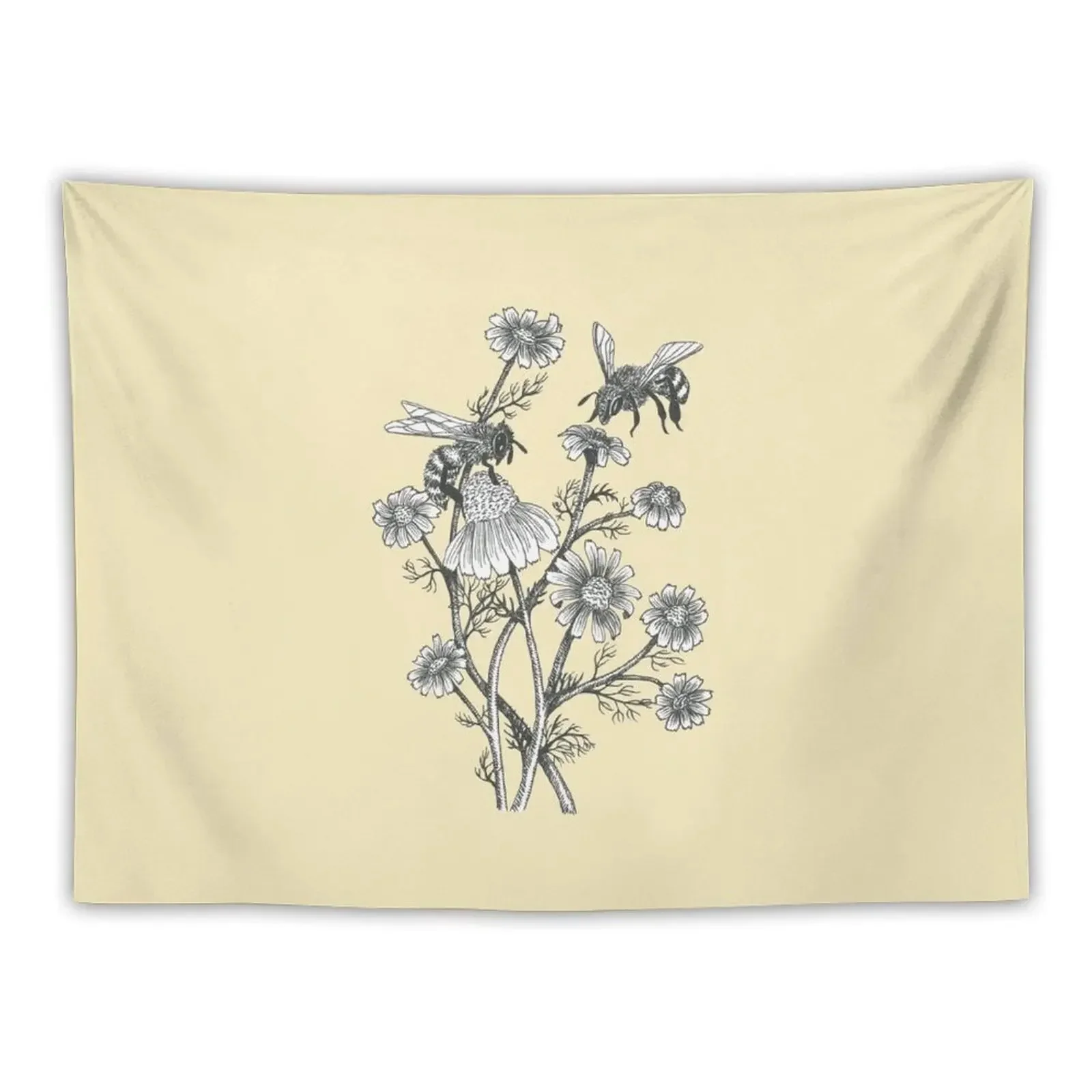 

bees and chamomile on honey background Tapestry Outdoor Decor Room Design Tapestry