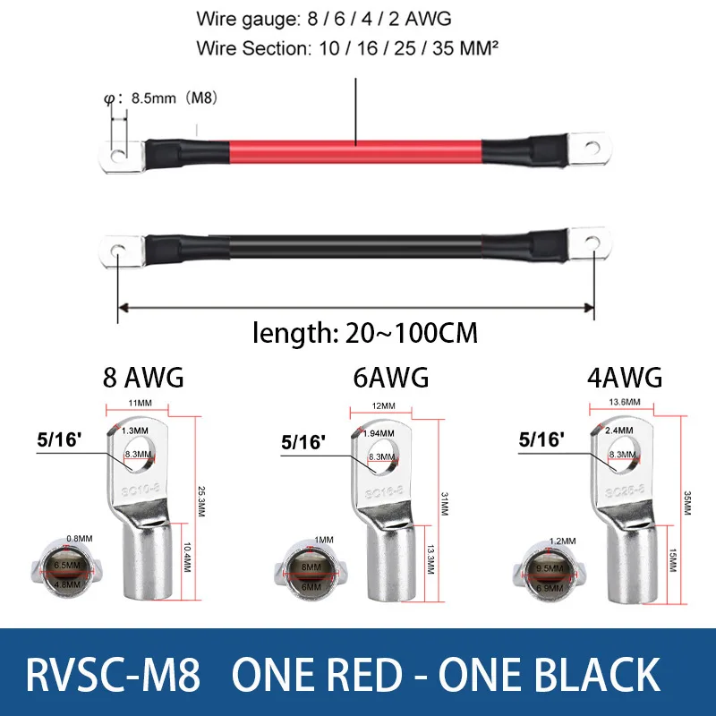 12V 24V 48V 72V RV Battery UPS Cable M8 Terminals Connect Copper Wire Cable 8/6/4 AWG Inverter Car Battery UPS