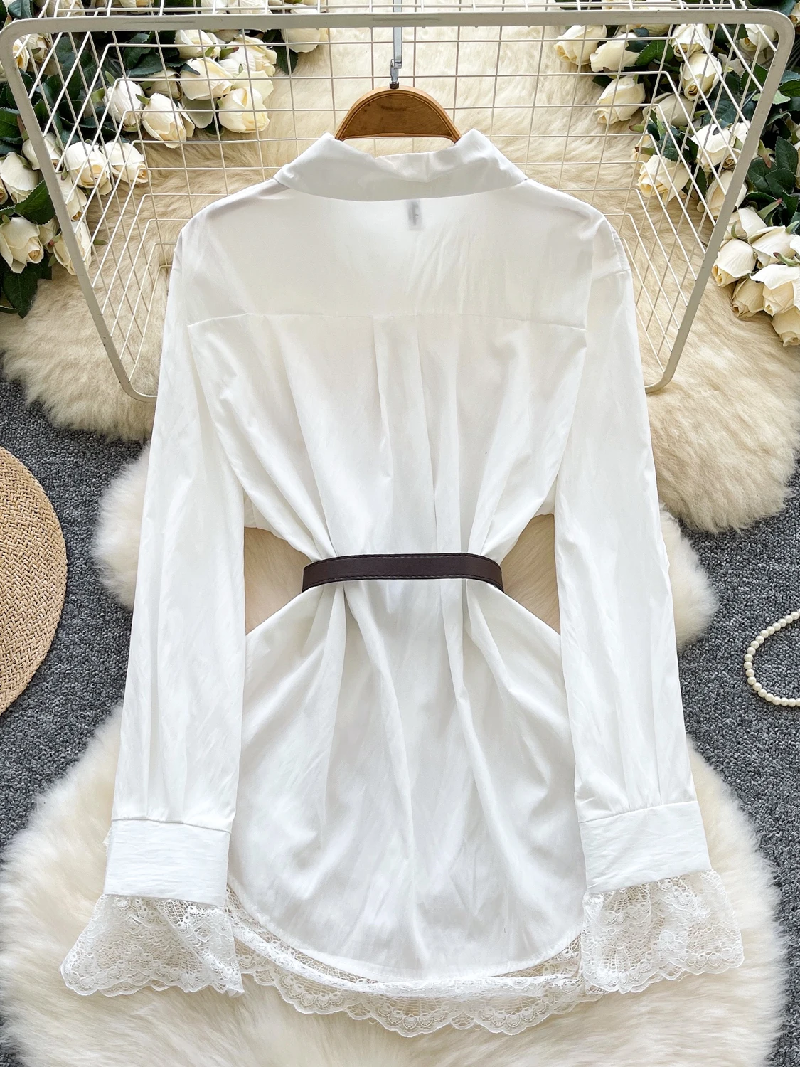 韓国風カジュアルレーススプライスベルト付きロングスカート、女性用ルーズフィット包帯ウエストスカート、ファッショナブルで通気性のある