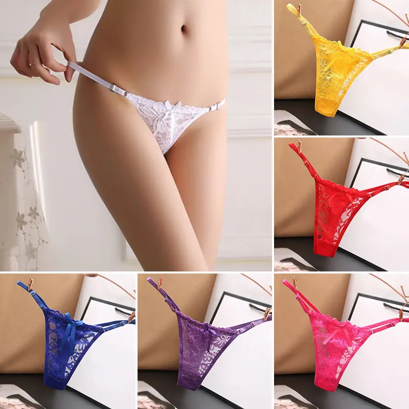 

Women Sexy Lace Bow Flower Panties Low Waist G-string T-Back Thongs Briefs Underwear Adjustable Ladies Temptation Lingerie