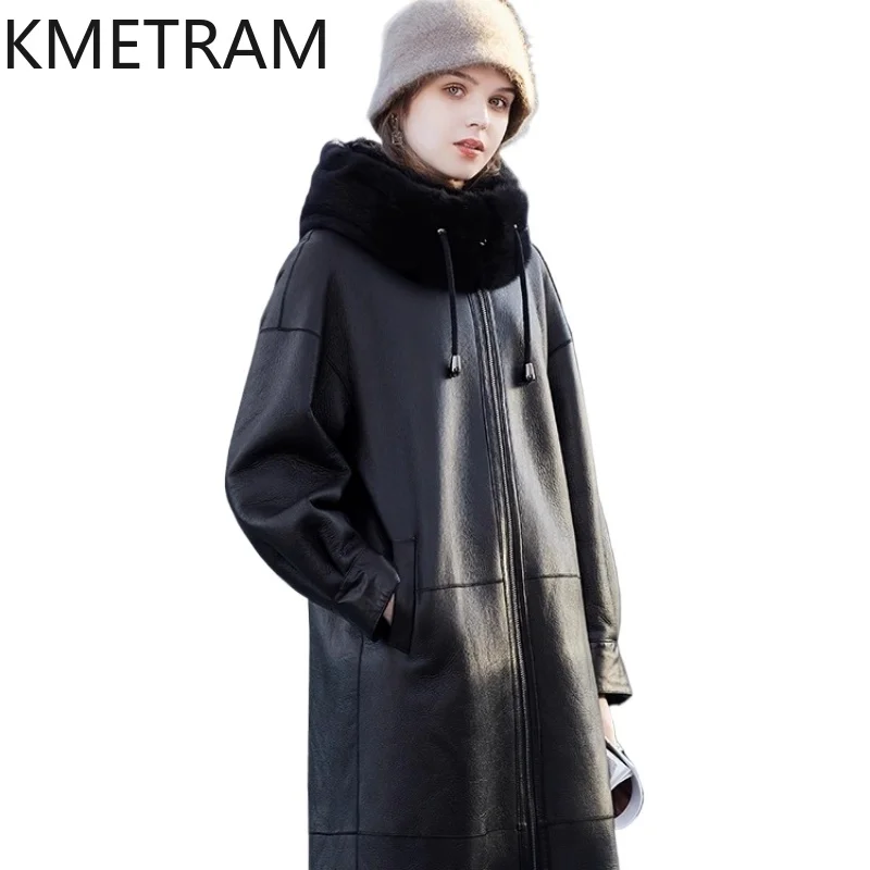 KMETRAM Naturalny płaszcz z wełny owczej, czarny, wysokiej jakości kołnierz z futra norek, odzież damska, długi płaszcz zimowy 2025, шуба