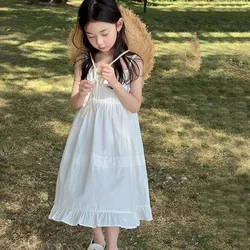 2024 New Girls Dresses Summer Solid Suspenders Dress Hollow-out Long-Sleeved Base Blouse Kid's Beach Wear