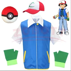 Men Anime Trainer Costume Boys Ash Ketchum Adult Cosplay for Girls Halloween Women Disfraz Party Blue Jacket Cap and Gloves Sets