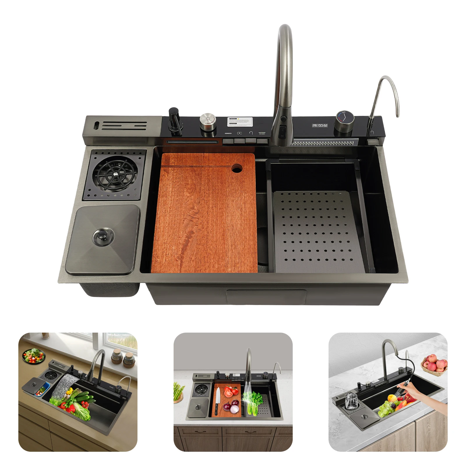 Waterfall Kitchen Sink 304 Stainless Steel Kitchen Sink 820*480mm Multifunctional Digital Display Modern Nano Black  Counter Top