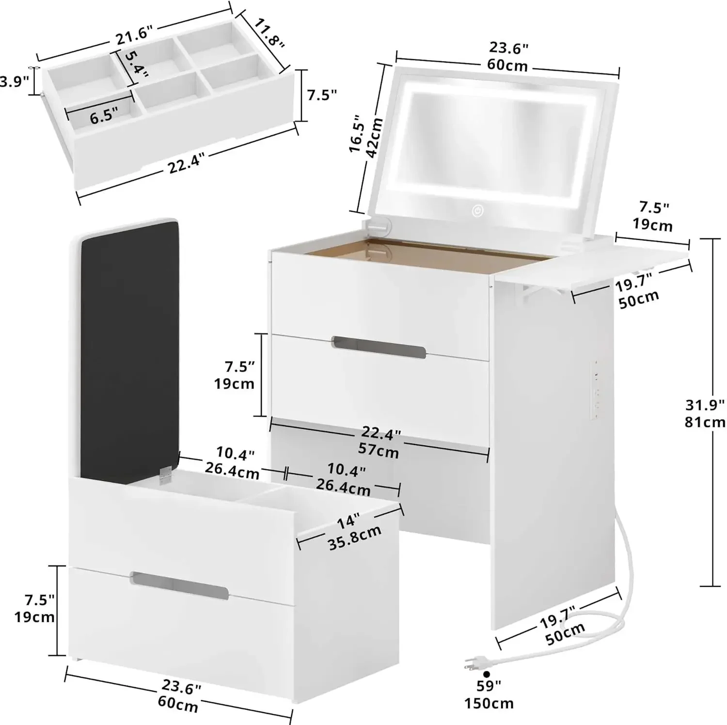 3 in 1 Vanity Desk with Plip Top Mirror, LED Light & Power Outlet Small Make Up Vanity Set with Visible Glass Desktop, Compact M