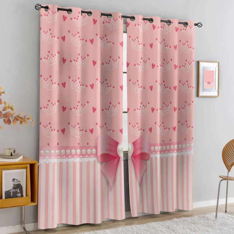 

2Pcs Pink Princess Bow Print Perforated Blackout Curtains, Multi Size Living Room Girls Room Bedroom Insulation Decoration