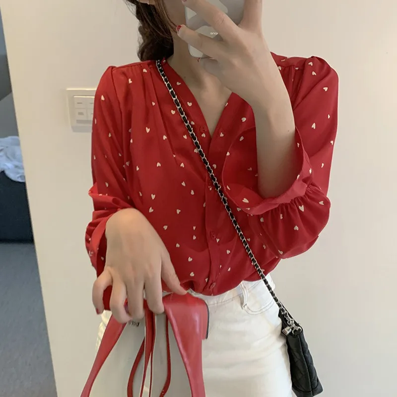 Spring Summer Fashion Women V-neck Love Print Shirt Sweet Fashion Long Sleeve Loose Petal Sleeve Blouse