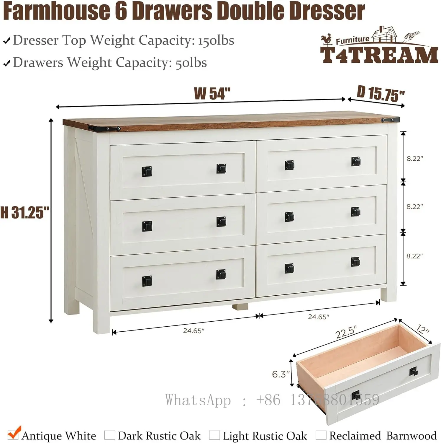 Farmhouse 6 Drawers Dresser Chests For Bedroom, Wood Rustic Wide Chset Of Drawers,Storage Dressers Organizer For Bedroom