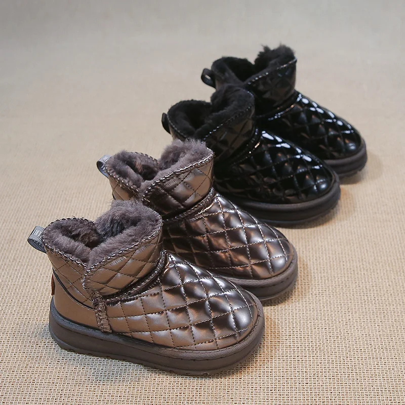 

Kids Winter Leather Add Velvet Thickened Watertight Cotton Boots Boy Soft Soled Snow Boots Solid Color Checkered Upper Shoes