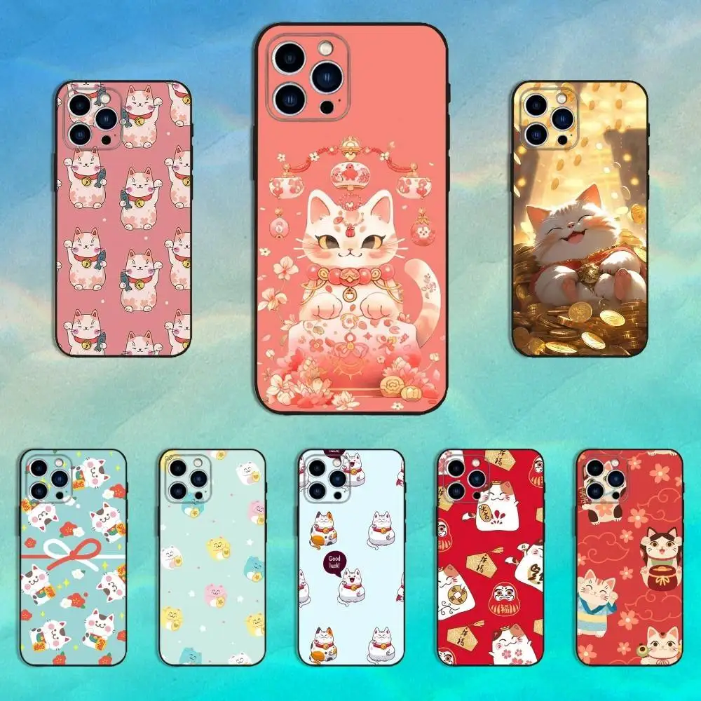 

Cute Lucky Cat Cartoon Phone Case For iPhone 16,15,14,13,12,11 Plus,Pro Max,XS,X,XR,SE,Mini,8,7,Soft Silicone Black Cover