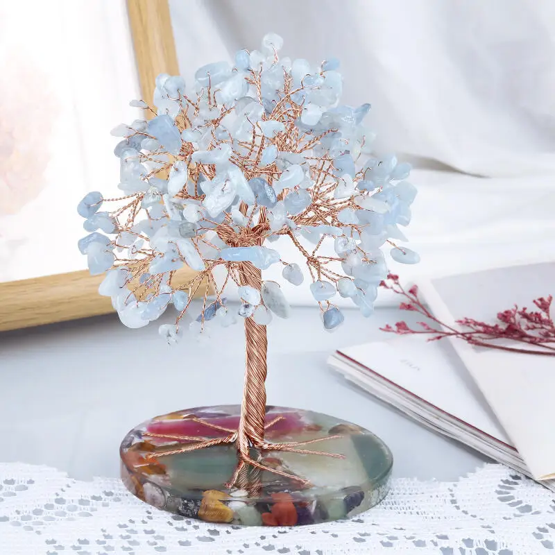Natural Seven Color Crystal Crushed Stone Ornaments Circular Resin Base Lucky Tree Ornament Desktop Crystal Handicraft Ornaments