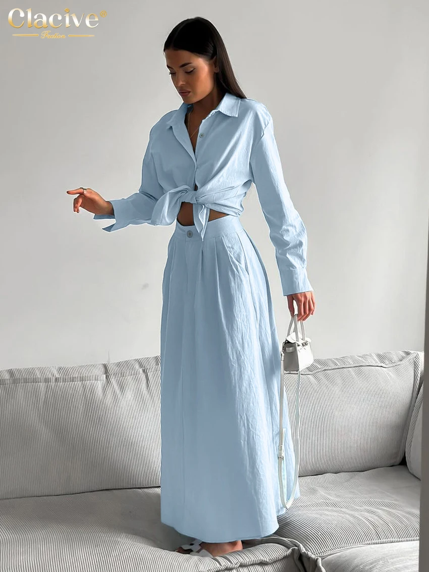 Clacive Fashion Loose Blue Cotton Skirt Sets For Women 2 Pieces Elegant Long Sleeve Shirt With High Waist Long Skirts Set Female