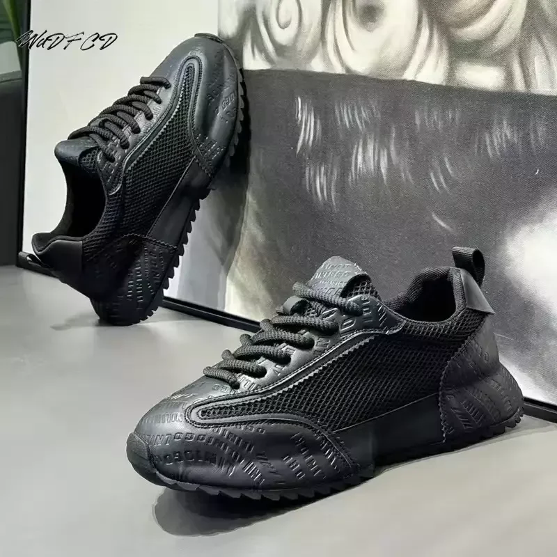 Chunky Sneaker Men Designer Increased Internal Platform Board Shoes Fashion Casual Microfiber Leather Mesh Breathable Sport Shoe