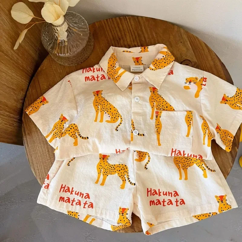 1-5 Years Children Clothing Boys Sets Summer Kids Cheetah Printed Short Sleeve Shirt Shorts Set Fashion Boy Clothes 2pcs Suit