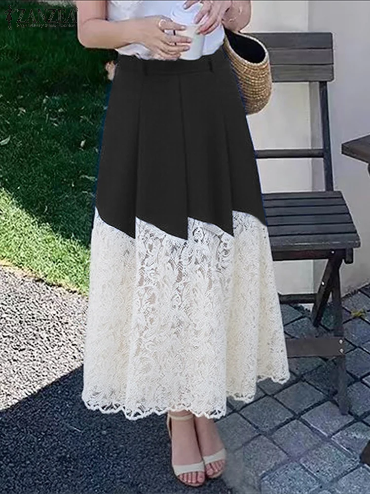 Zomer Maxi Rokken Vrouwen Mode A-lijn Bodems Casual Losse Geplooide Broek Mode Kant Patchwork Overrokken 2025, ZANZEA