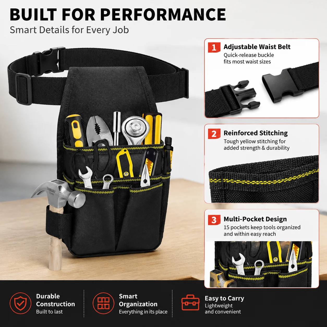 PINMOAP 1PC Practical Compact Adjustable Waist Tool Pouch Bag Multi Pocket Electrician Work Belt Tool Organizer Portable Storage